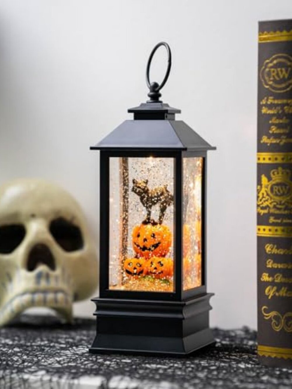 Halloween Snow Globe Lantern Spooky Witch Black Cat Pumpkins Music USB Battery